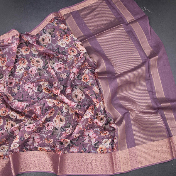 Semi Linen Plum Purple Floral Printed Saree And Zari Border 02