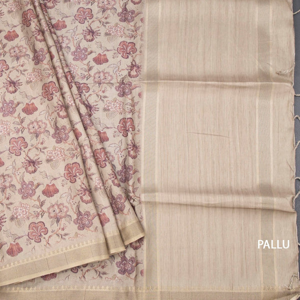 Raw Silk Beige Floral Printed Saree