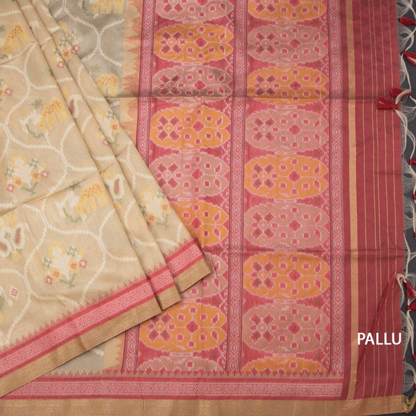Raw Silk Cream Ikkat Printed Saree