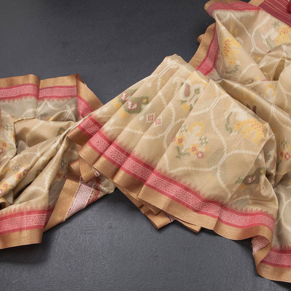 Raw Silk Cream Ikkat Printed Saree