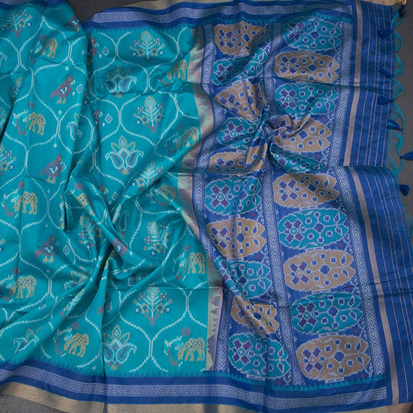 Raw Silk Rama Blue Ikkat Printed Saree