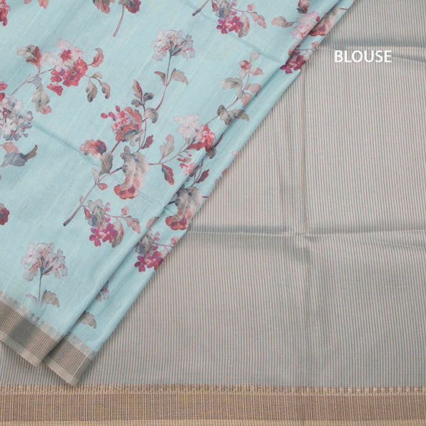 Raw Silk Light Blue Floral Printed Saree