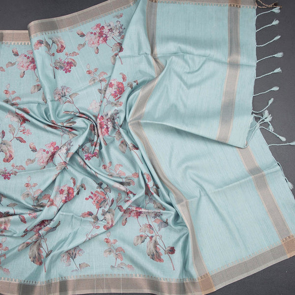 Raw Silk Light Blue Floral Printed Saree
