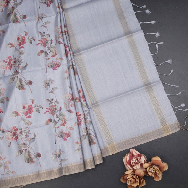 Raw Silk Light Lavender Floral Printed Saree