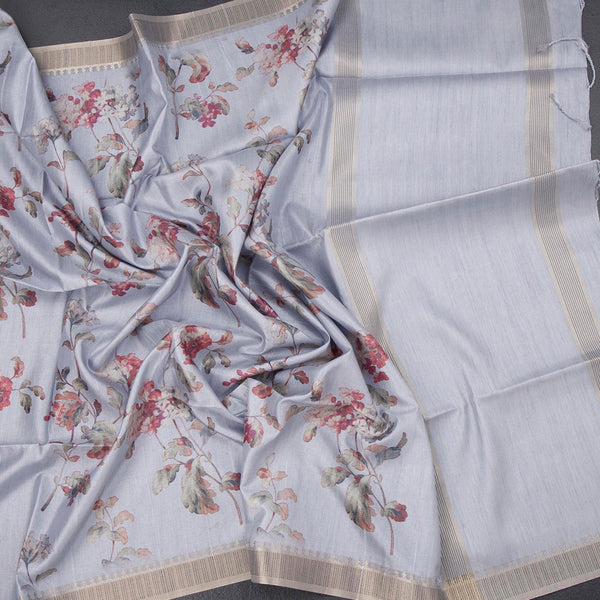 Raw Silk Light Lavender Floral Printed Saree