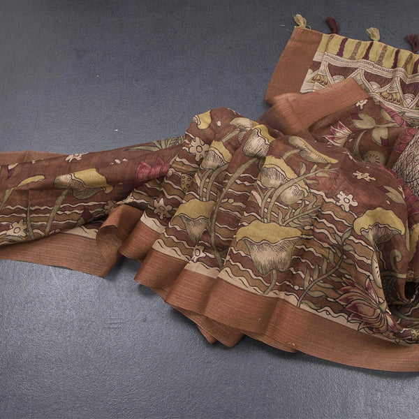 Semi Linen Cinnamon Brown Printed Saree