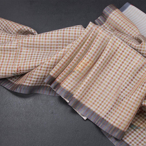 Raw Silk Multi Colour Checked Saree With Paint Work 02
