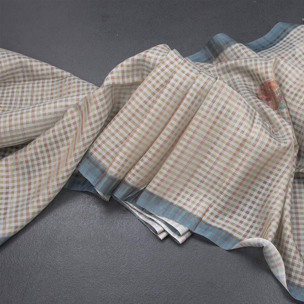Raw Silk Multi Colour Checked Saree With Paint Work 03