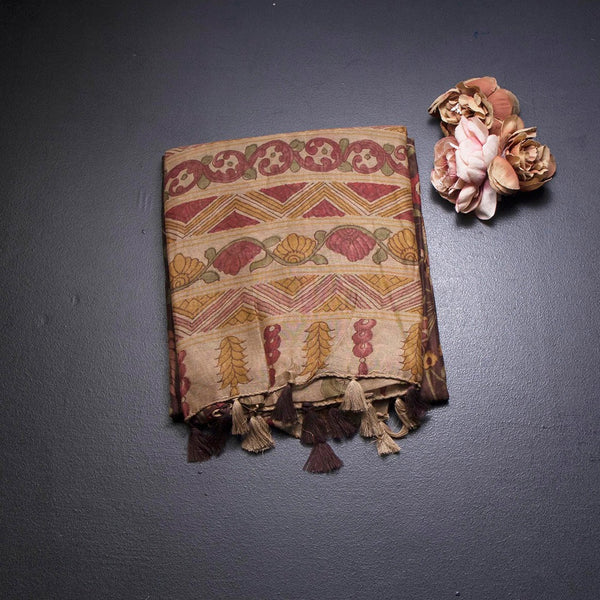 Semi Linen Dark Brown Floral Printed Saree