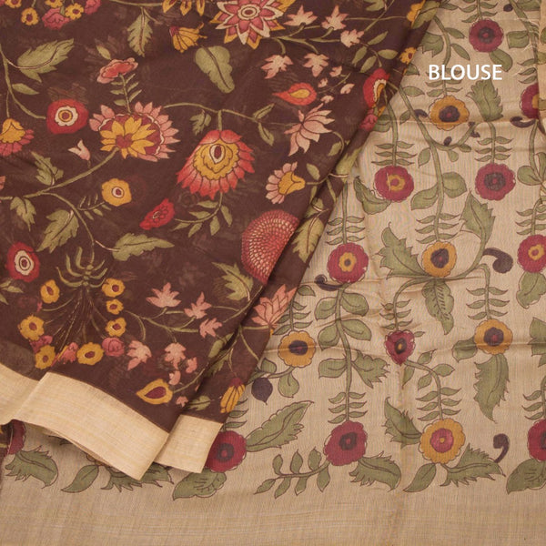 Semi Linen Dark Brown Floral Printed Saree