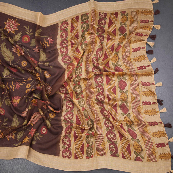 Semi Linen Dark Brown Floral Printed Saree