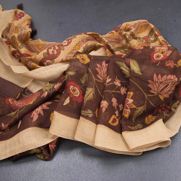 Semi Linen Dark Brown Floral Printed Saree