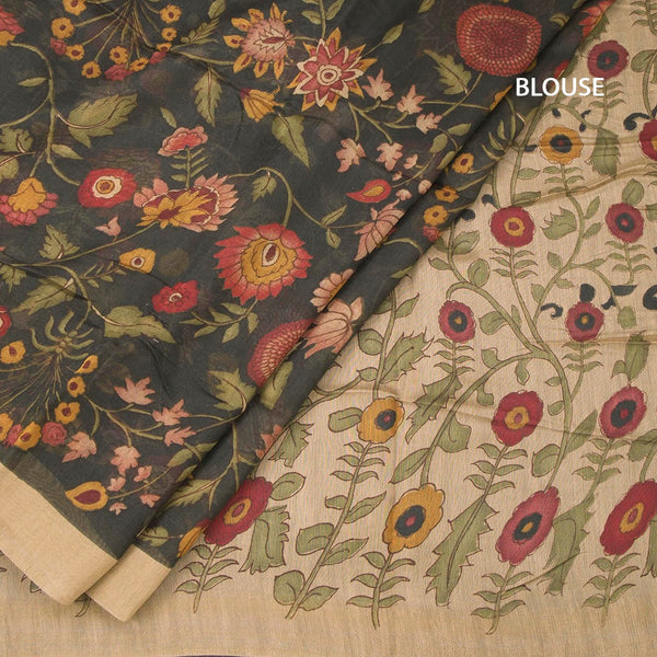 Semi Linen Dark Green Floral Printed Saree 02