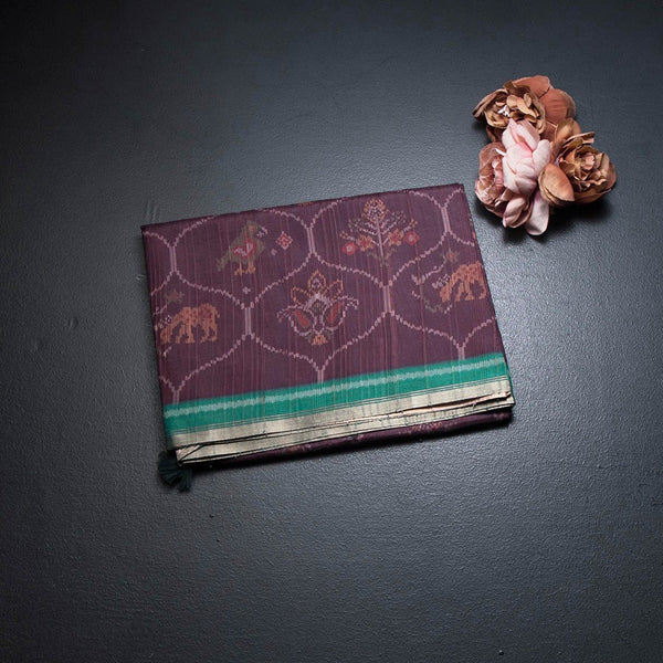Raw Silk Dark Brown Ikkat Printed Saree 02