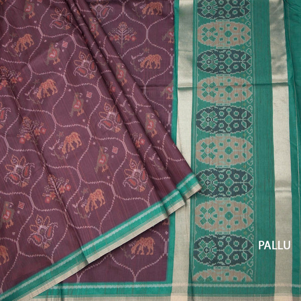 Raw Silk Dark Brown Ikkat Printed Saree 02