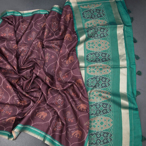 Raw Silk Dark Brown Ikkat Printed Saree 02