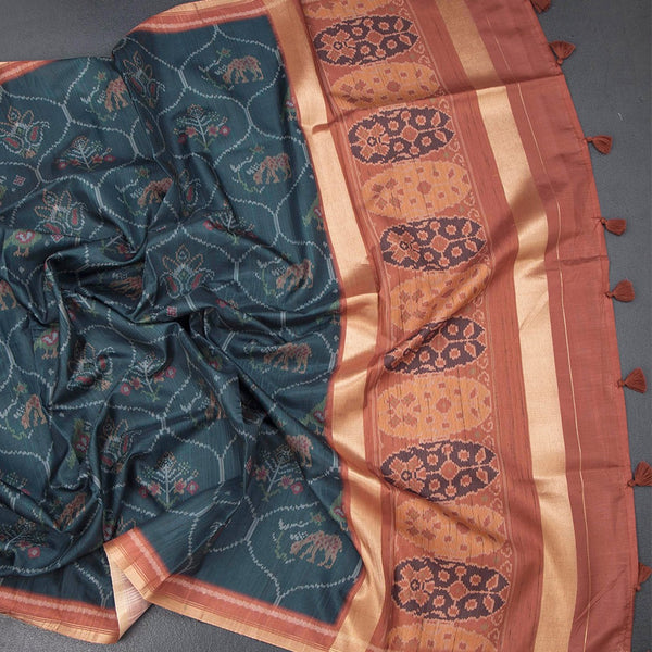 Raw Silk Dark Teal Green Ikkat Printed Saree