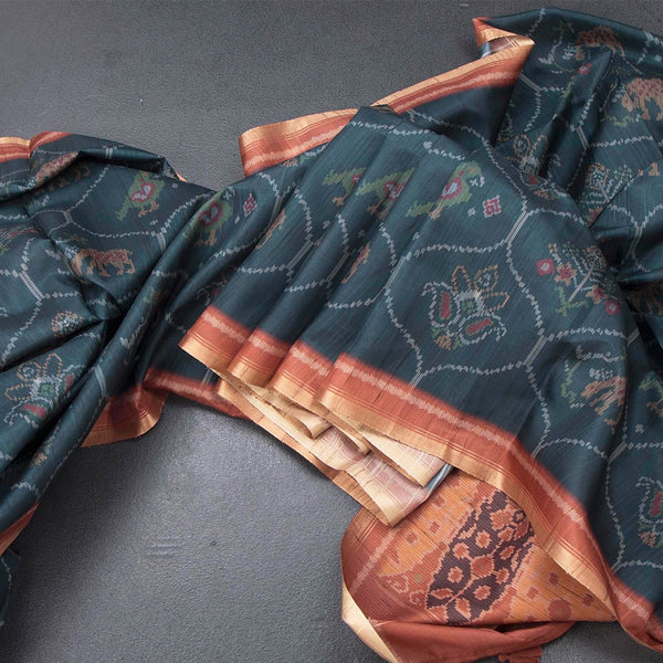 Raw Silk Dark Teal Green Ikkat Printed Saree