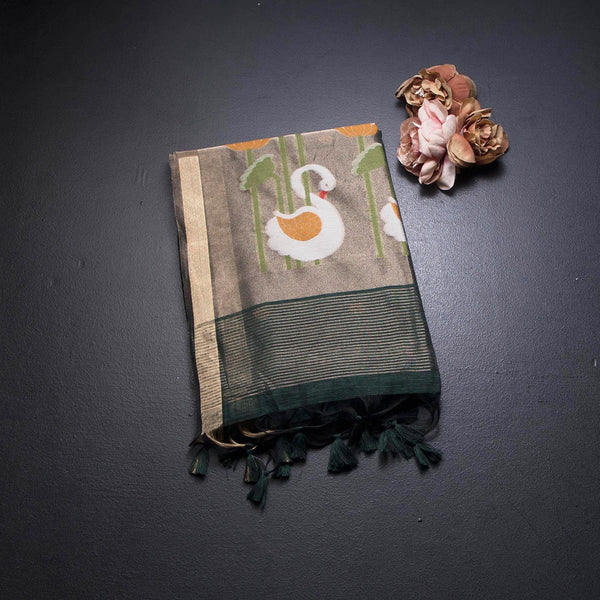 Raw Silk Dark Green Saree With Paint Work