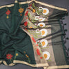 Raw Silk Dark Green Saree With Paint Work