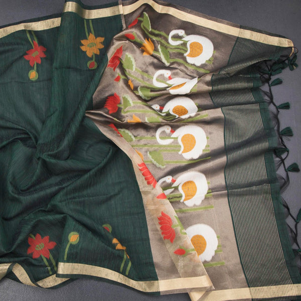 Raw Silk Dark Green Saree With Paint Work