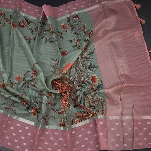 Kota Pista Green Floral Paint Work Saree