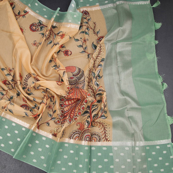 Kota Dark Sandal Floral Paint Work Saree