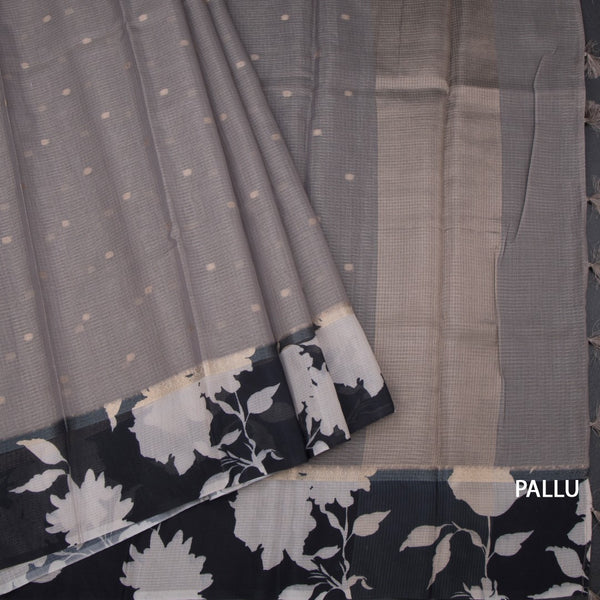 Kota Grey Saree With Zari Buttas And Printed Border