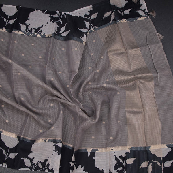 Kota Grey Saree With Zari Buttas And Printed Border