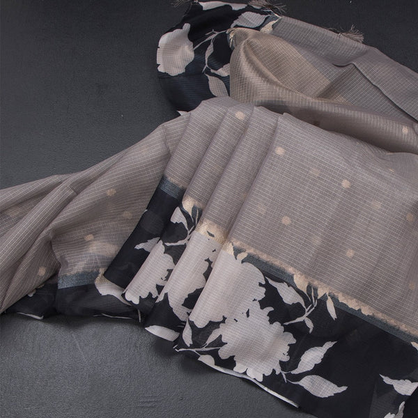 Kota Grey Saree With Zari Buttas And Printed Border