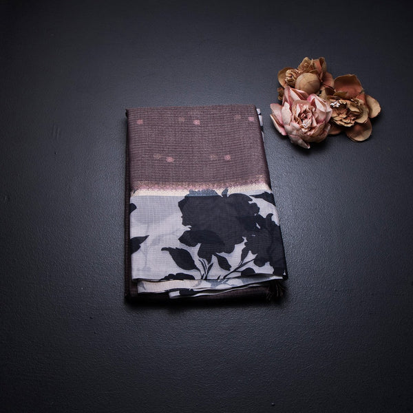 Kota Dark Brown Saree With Zari Buttas And Printed Border