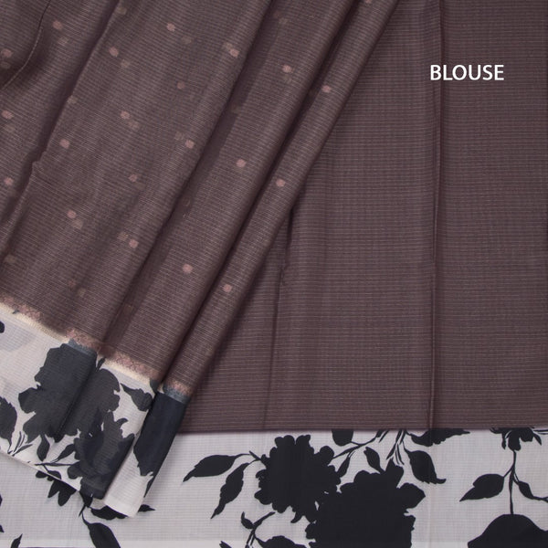 Kota Dark Brown Saree With Zari Buttas And Printed Border