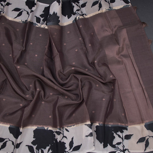 Kota Dark Brown Saree With Zari Buttas And Printed Border