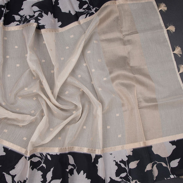 Kota Cream Saree With Zari Buttas And Printed Border