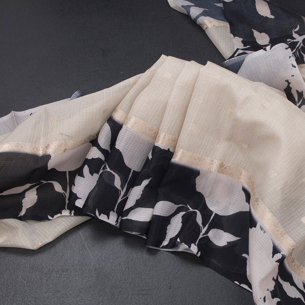 Kota Cream Saree With Zari Buttas And Printed Border