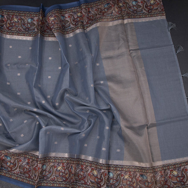 Kota Cornflower Blue Saree With Zari Buttas And Printed Border