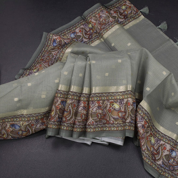 Kota Sage Green Saree With Zari Buttas And Printed Border