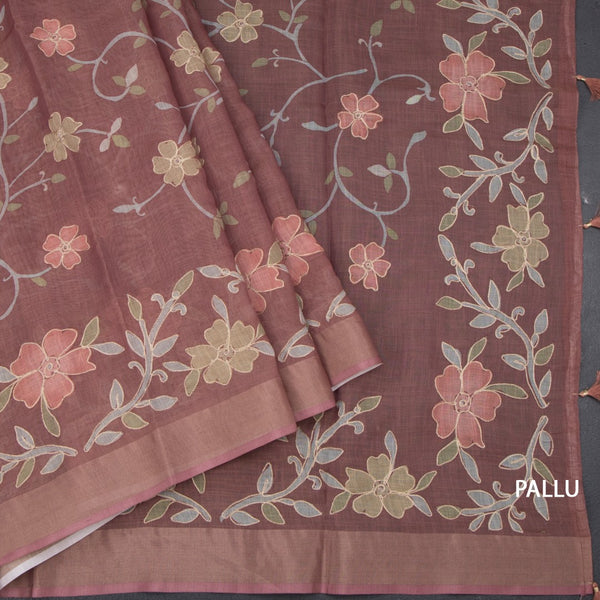Linen Cinnamon Brown Saree With Painted Zari Thread Work