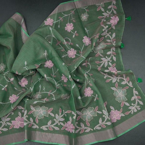 Linen Jade Green Saree With Painted Zari Thread Work
