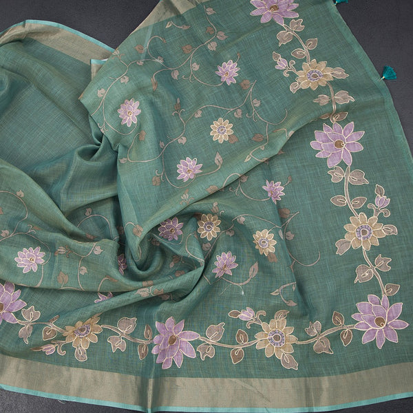 Linen Jade Green Saree With Painted Zari Thread Work 02