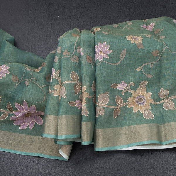 Linen Jade Green Saree With Painted Zari Thread Work 02