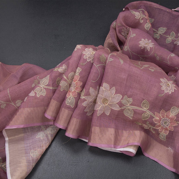 Linen Onion Pink Saree With Painted Zari Thread Work
