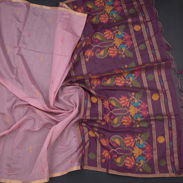 Silk Cotton Light Pink Borderless Thread Work Saree