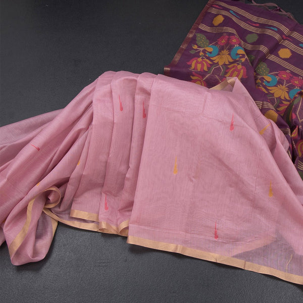 Silk Cotton Light Pink Borderless Thread Work Saree