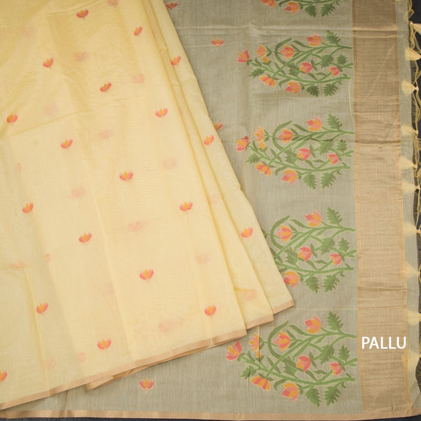 Silk Cotton Yellow Borderless Thread Work Saree