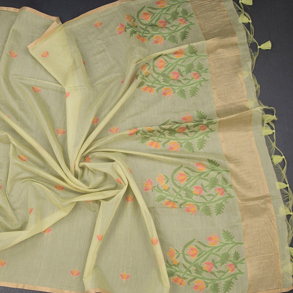 Silk Cotton Lime Green Borderless Thread Work Saree