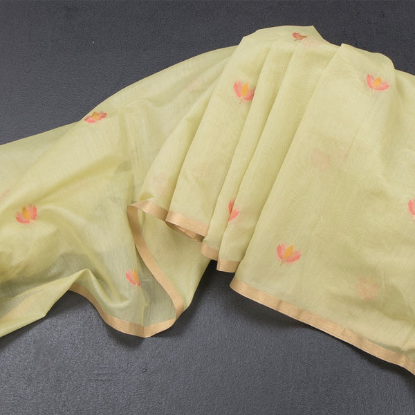 Silk Cotton Lime Green Borderless Thread Work Saree