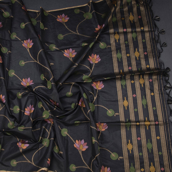 Silk Cotton Black Borderless Thread Work Saree In Floral Creeper Design