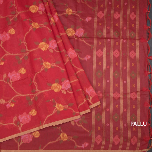 Silk Cotton Red Borderless Thread Work Saree In Floral Creeper Design