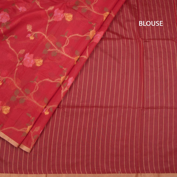 Silk Cotton Red Borderless Thread Work Saree In Floral Creeper Design